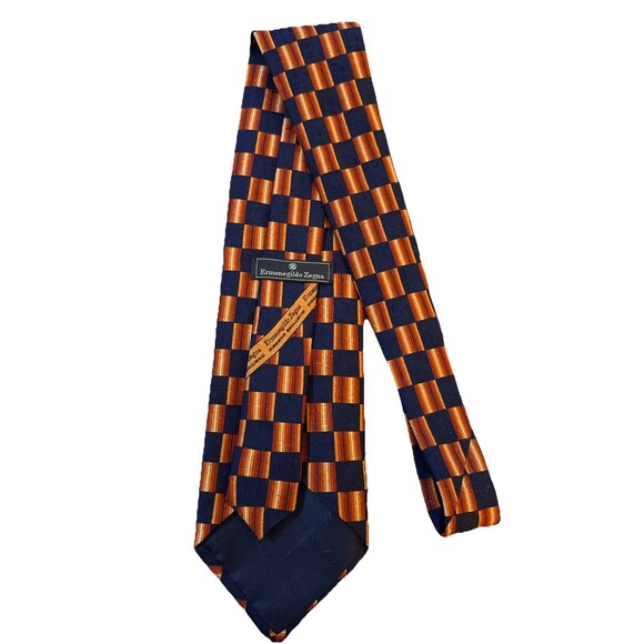 Ermenegildo Zenga Men’s Navy Orange Geometric Squares 100% Silk 4” Italian EUC - Picture 4 of 7